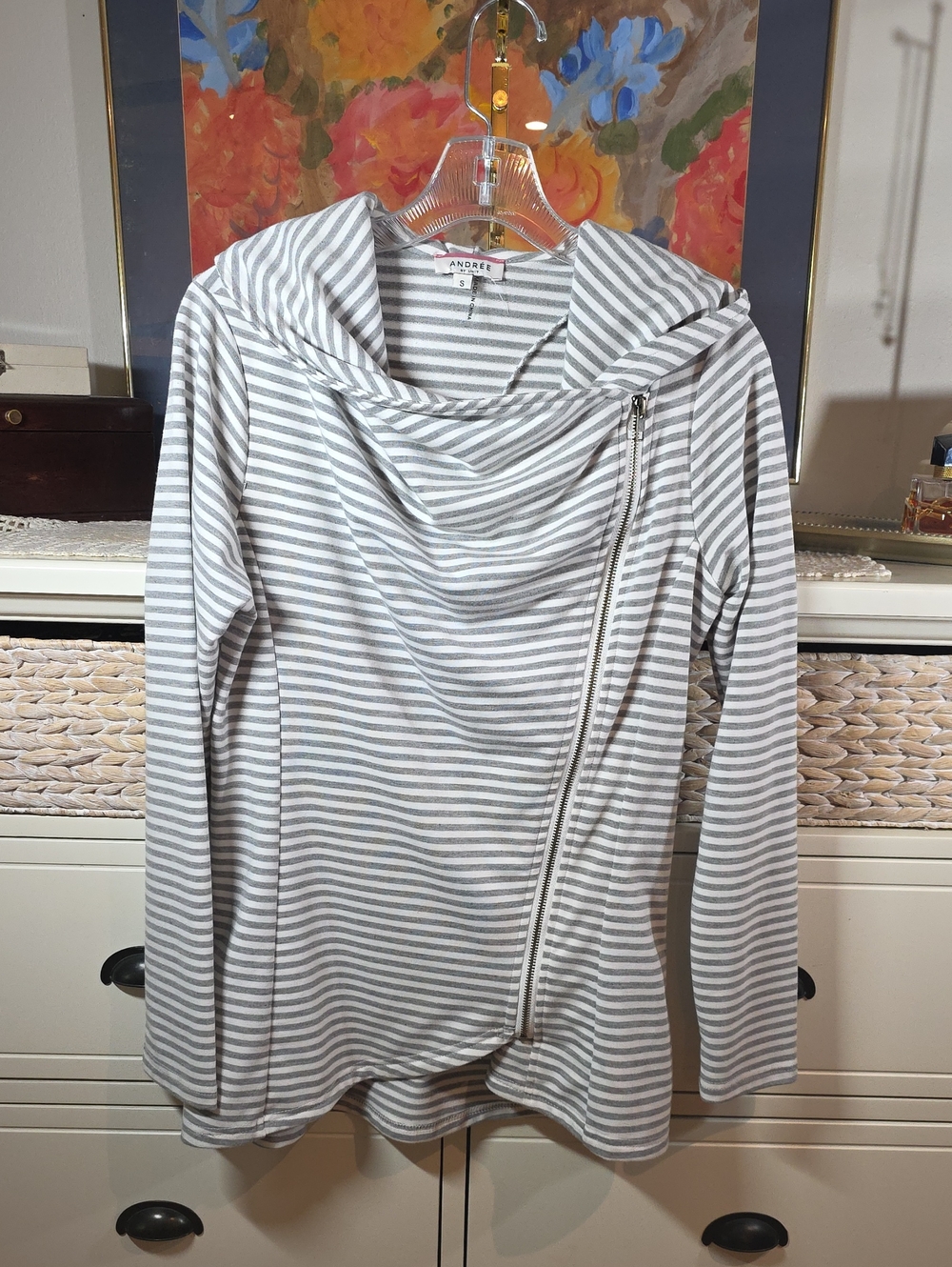 Andree By Unit Striped Hooded MotoZip Jacket Gray White Top Tunic Shirt Fitted